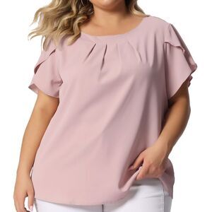 Plus Size Tops Casual Round Neck Pleated Top Tulip Sleeves Blouse Pink
